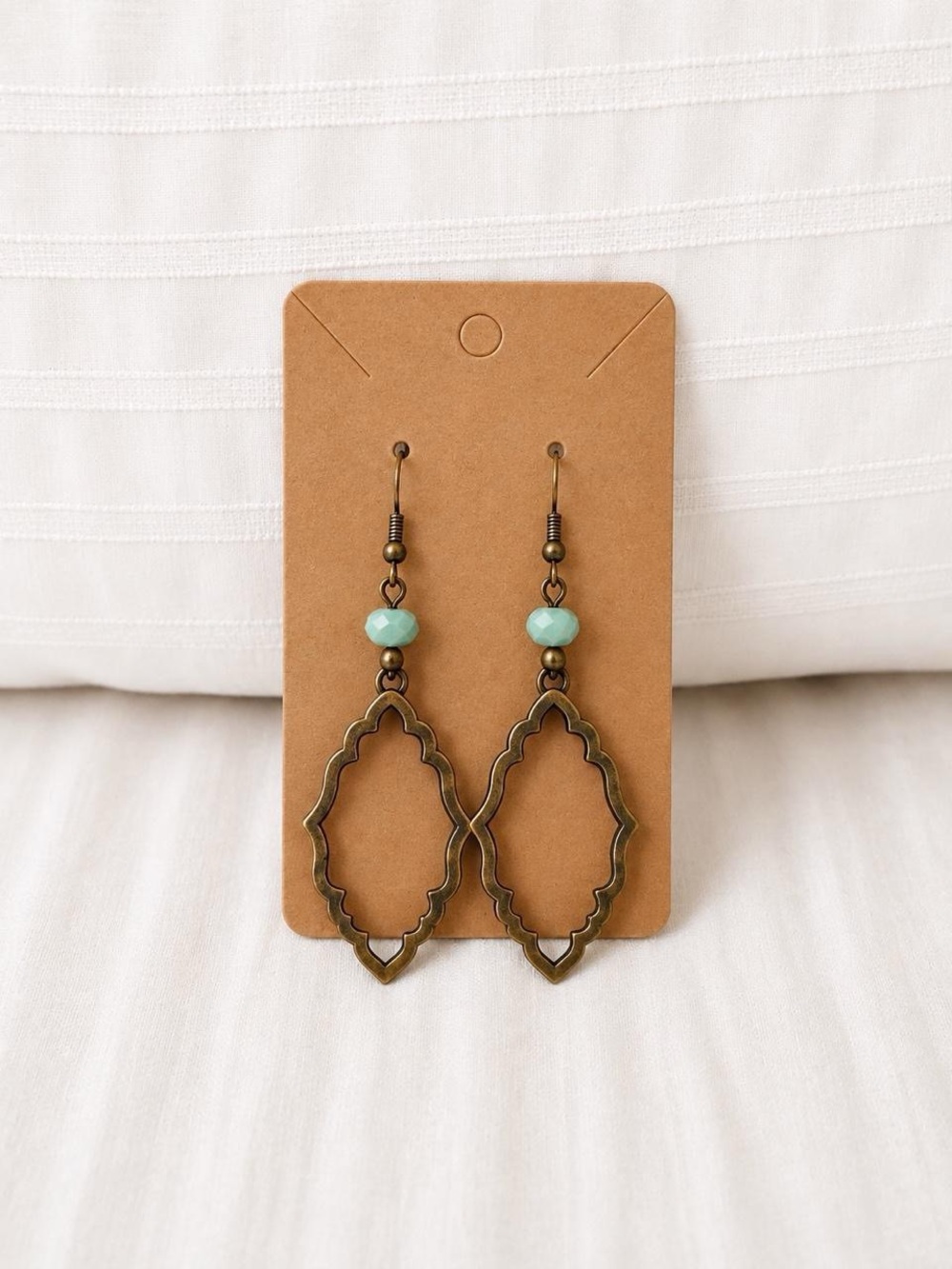 Vintage Brass Teardrop Earrings with Aqua Bead